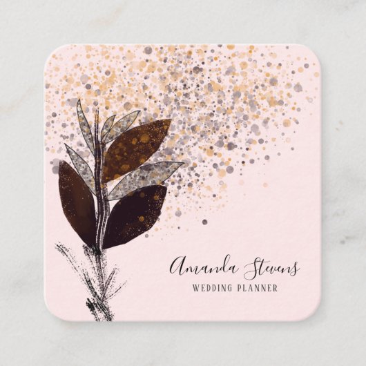 Elegant Blush Pink en Gold Leaves en Spatter Vierkante Visitekaartje (Voorkant)
