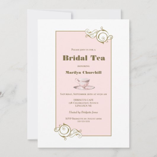 Elegant Blush Pink en Gold Simple Bridal Tea Kaart (Voorkant)