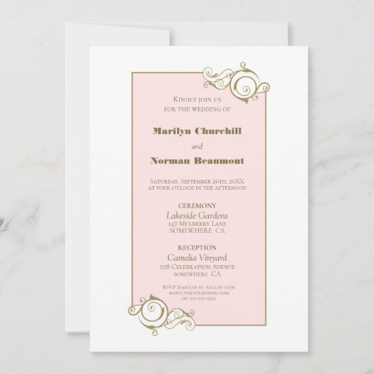 Elegant Blush Pink en Gold Simple Wedding Kaart (Voorkant)