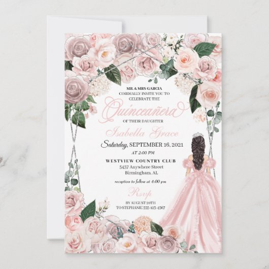 Elegant Blush Pink en Silver Floral Quinceanera I Kaart (Voorkant)