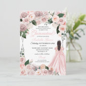 Elegant Blush Pink en Silver Floral Quinceanera I Kaart (Staand voorkant)