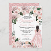 Elegant Blush Pink en Silver Floral Quinceanera I Kaart (Voorkant / Achterkant)