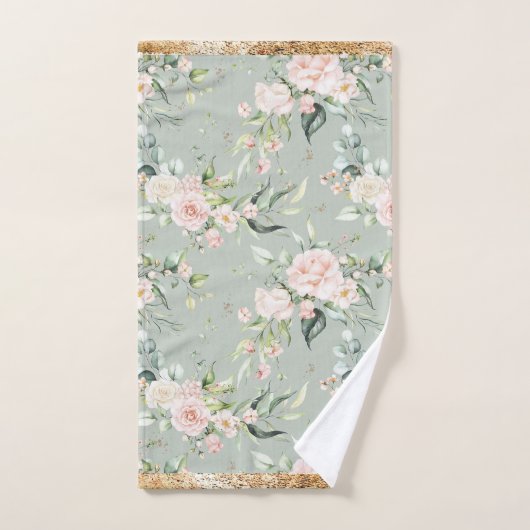 Elegant Blush Pink Eucalyptus Sage Green Gold Bad Handdoek (Handdoek)