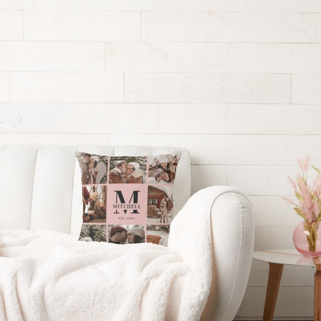 Elegant Blush Pink Familie Fotocollage Monogram Kussen (Bank)