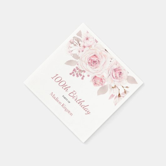 Elegant Blush Pink Floral 100e verjaardag Servet (Hoek)