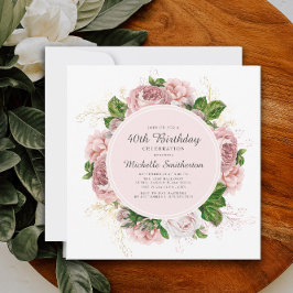 Elegant Blush Pink Floral 40th Birthday Kaart