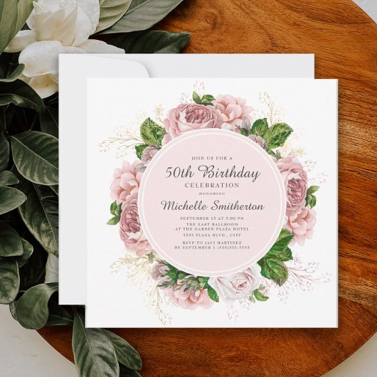 Elegant  Blush Pink Floral 50th Birthday Kaart