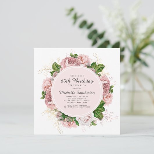 Elegant  Blush Pink Floral 60th Birthday Kaart (Staand voorkant)