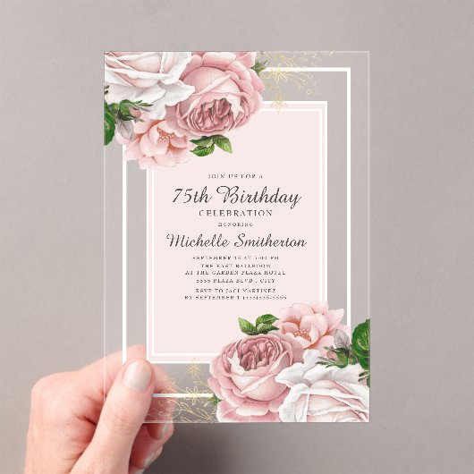 Elegant  Blush Pink Floral 75th Birthday Acryl Uitnodigingen (Insitu (Draagbaar))