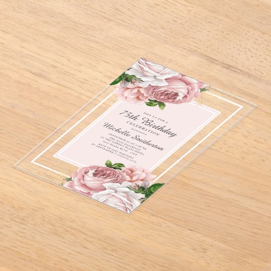 Elegant  Blush Pink Floral 75th Birthday Acryl Uitnodigingen (Laagn)