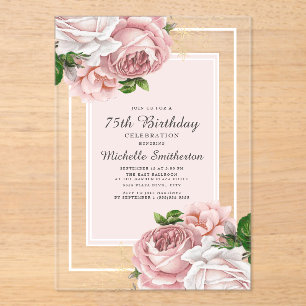 Elegant  Blush Pink Floral 75th Birthday Acryl Uitnodigingen