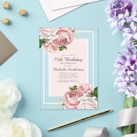 Elegant  Blush Pink Floral 75th Birthday Acryl Uitnodigingen (Insitu (Huwelijk))
