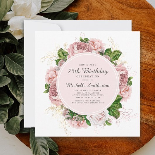 Elegant Blush Pink Floral 75th Birthday Kaart