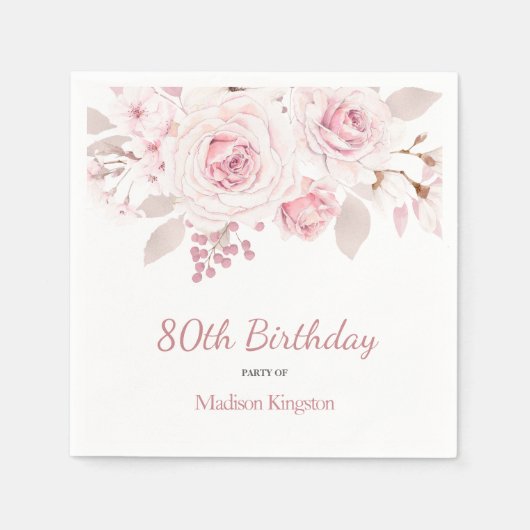 Elegant Blush Pink Floral 80e verjaardag Servet (Voorkant)