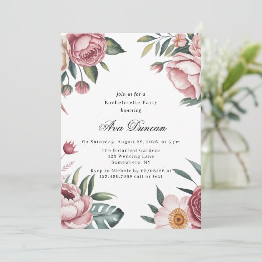 Elegant Blush Pink Floral Bachelorette Party Kaart (Staand voorkant)