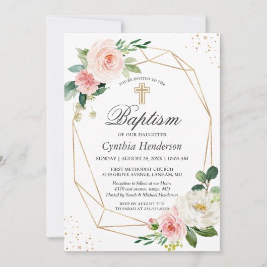 Elegant Blush Pink Floral Baptism & Christening Kaart (Voorkant)