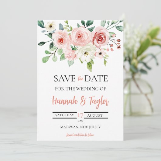 Elegant Blush Pink Floral bewaar de datum Bruiloft Kaart (Staand voorkant)