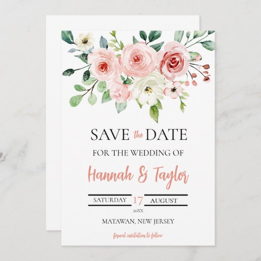 Elegant Blush Pink Floral bewaar de datum Bruiloft Kaart (Voorkant / Achterkant)