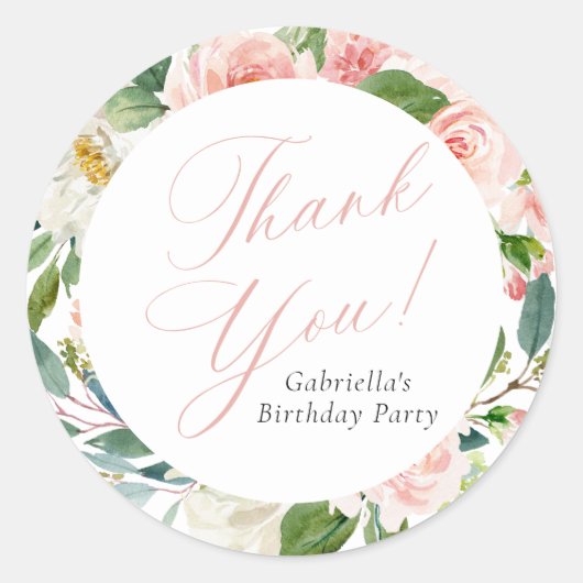 Elegant Blush Pink Floral Birthday Party Ronde Sticker (Voorkant)