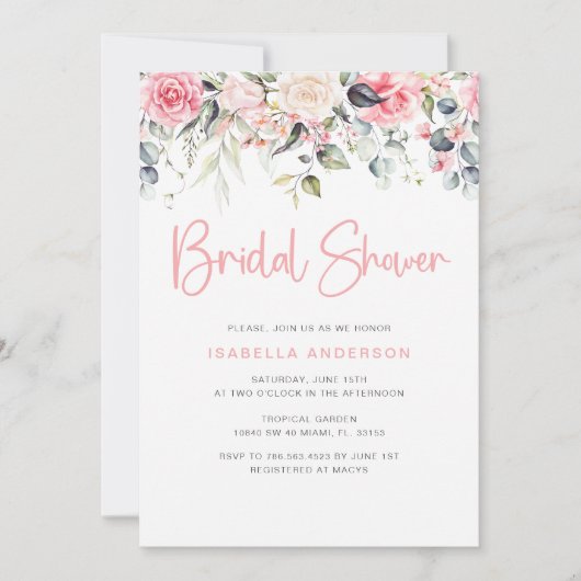 Elegant Blush Pink Floral Bridal Shower Uitnodigin Kaart (Voorkant)