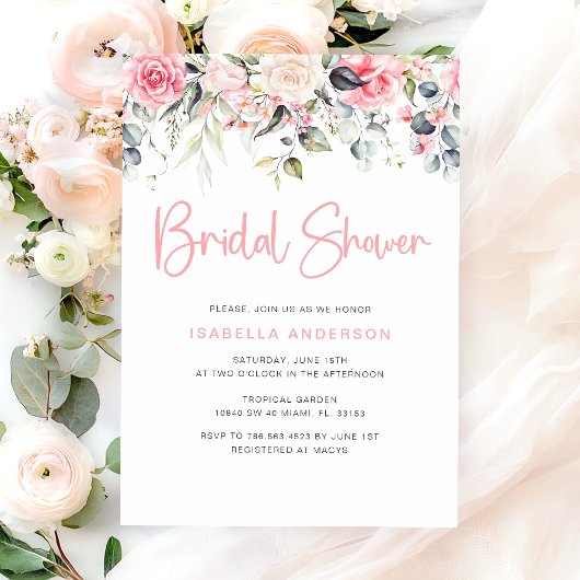 Elegant Blush Pink Floral Bridal Shower Uitnodigin Kaart