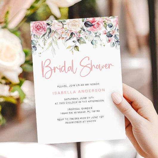 Elegant Blush Pink Floral Bridal Shower Uitnodigin Kaart