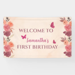 Elegant Blush Pink Floral Butterrfly 1st Birthday  Spandoek