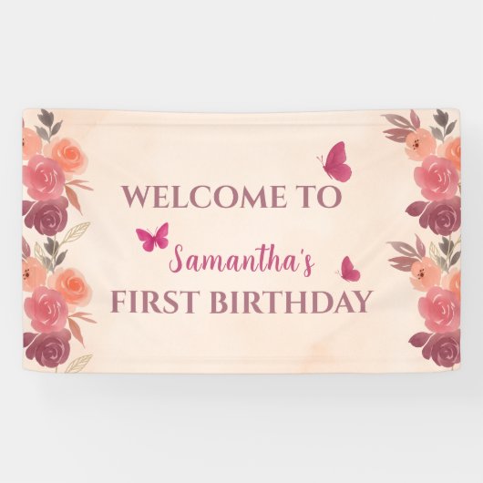 Elegant Blush Pink Floral Butterrfly 1st Birthday  Spandoek (Horizontaal)