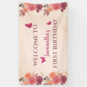 Elegant Blush Pink Floral Butterrfly 1st Birthday  Spandoek (Verticaal)