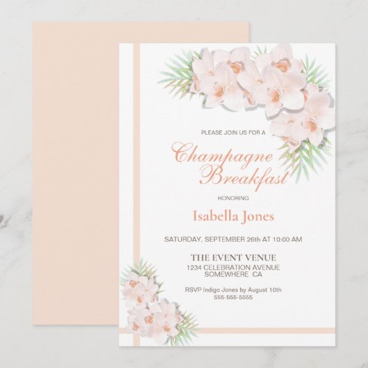 Elegant Blush Pink Floral Champagne Breakfast Kaart (Voorkant / Achterkant)