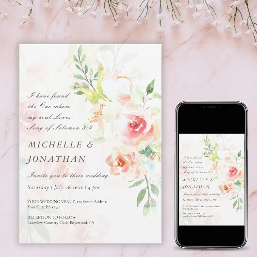 Elegant Blush Pink Floral Christelijk bruiloft Kaart
