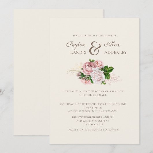 Elegant  Blush Pink Floral Cream Wedding Kaart (Voorkant / Achterkant)