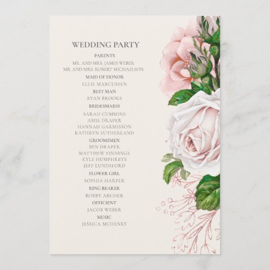 Elegant Blush Pink Floral Cream Wedding Programme Programmakaart (Achterkant)