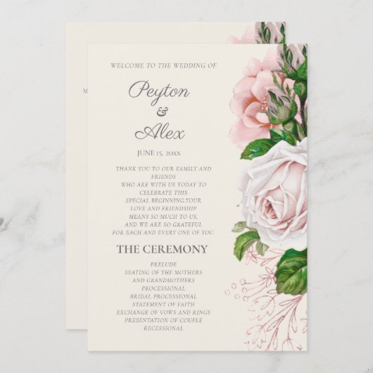 Elegant Blush Pink Floral Cream Wedding Programme Programmakaart (Voorkant / Achterkant)