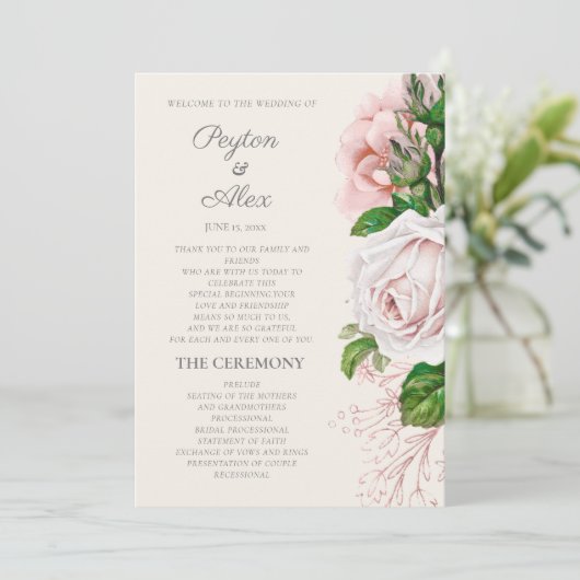 Elegant Blush Pink Floral Cream Wedding Programme Programmakaart (Staand voorkant)
