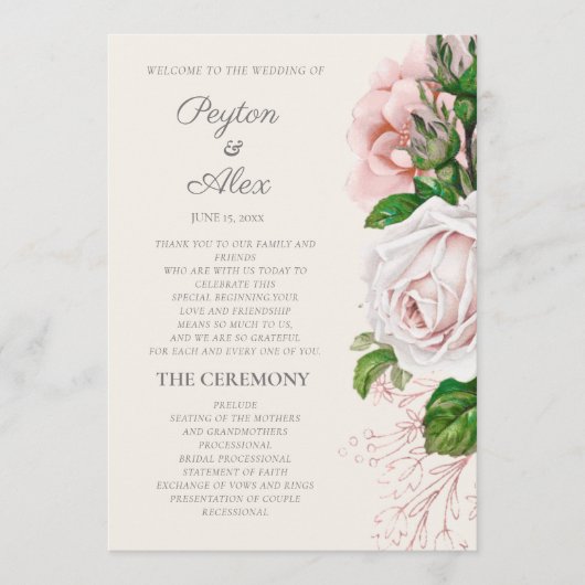 Elegant Blush Pink Floral Cream Wedding Programme Programmakaart (Voorkant)