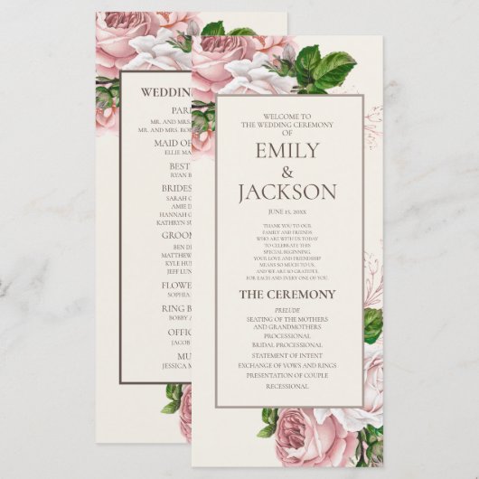 Elegant Blush Pink Floral Cream Wedding Programme Programmakaart (Voorkant / Achterkant)