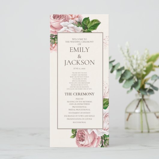 Elegant Blush Pink Floral Cream Wedding Programme Programmakaart (Staand voorkant)