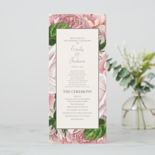 Elegant Blush Pink Floral Cream Wedding Programme Programmakaart (Staand voorkant)