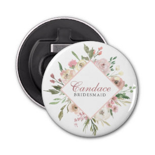 Elegant Blush Pink Floral Custom Bridal Party Button Flesopener