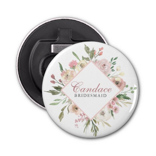 Elegant Blush Pink Floral Custom Bridal Party Button Flesopener (Voorkant)