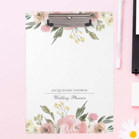 Elegant Blush Pink Floral Custom Wedding Planner Klembord