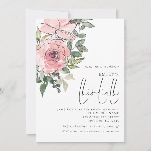 Elegant Blush Pink Floral Dertigste verjaardag Kaart (Voorkant)