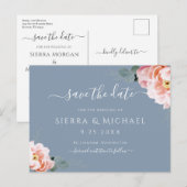 Elegant Blush Pink Floral Dusty Blue Save The Date Aankondigingskaart (Voorkant / Achterkant)