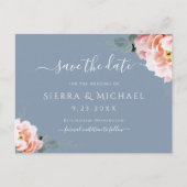 Elegant Blush Pink Floral Dusty Blue Save The Date Aankondigingskaart (Voorkant)