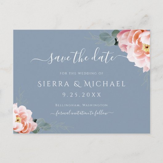 Elegant Blush Pink Floral Dusty Blue Save The Date Aankondigingskaart (Voorkant)