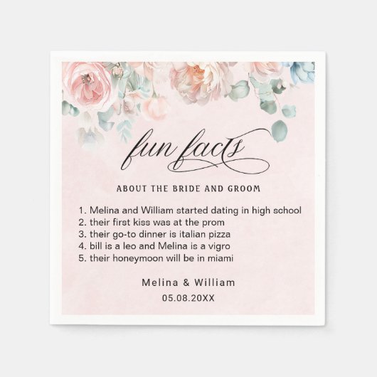 Elegant Blush Pink Floral Facts Weddenschap Servet (Voorkant)