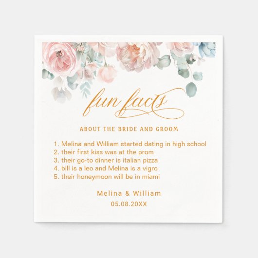 Elegant Blush Pink Floral Facts Weddenschap Servet (Voorkant)