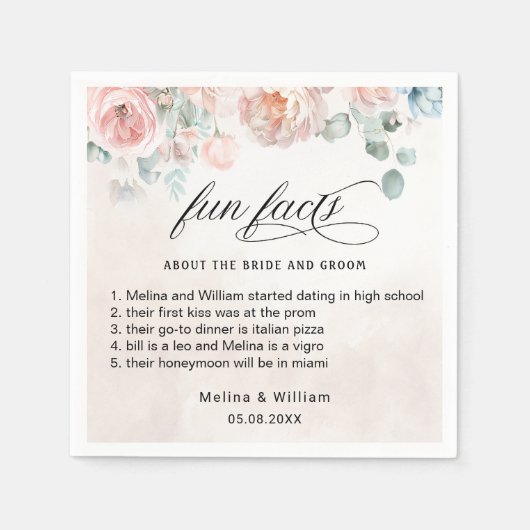 Elegant Blush Pink Floral Facts Weddenschap Servet (Voorkant)