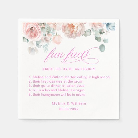Elegant Blush Pink Floral Facts Weddenschap Servet (Voorkant)